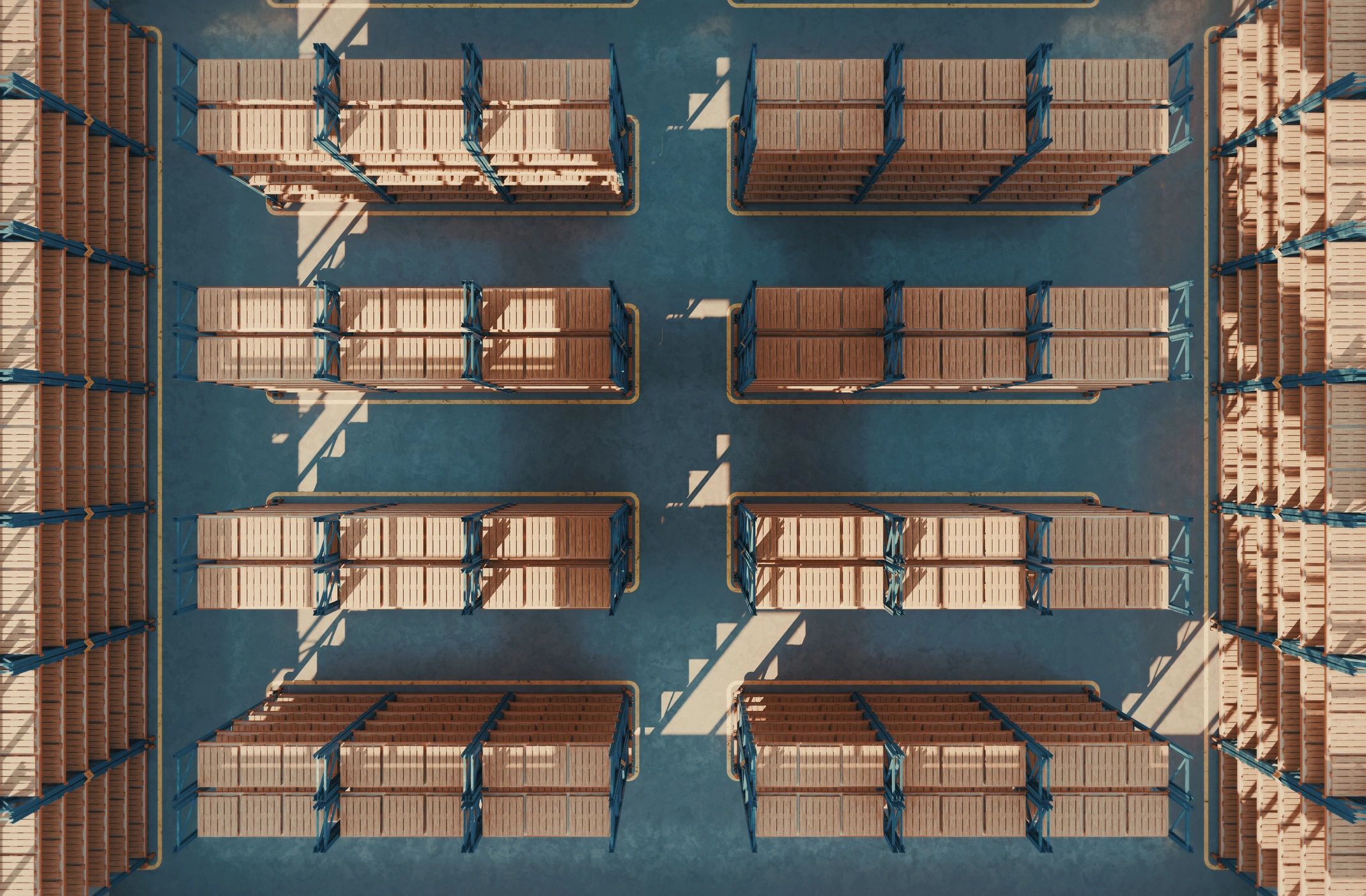 Warehouse racks stocked with wooden pallets