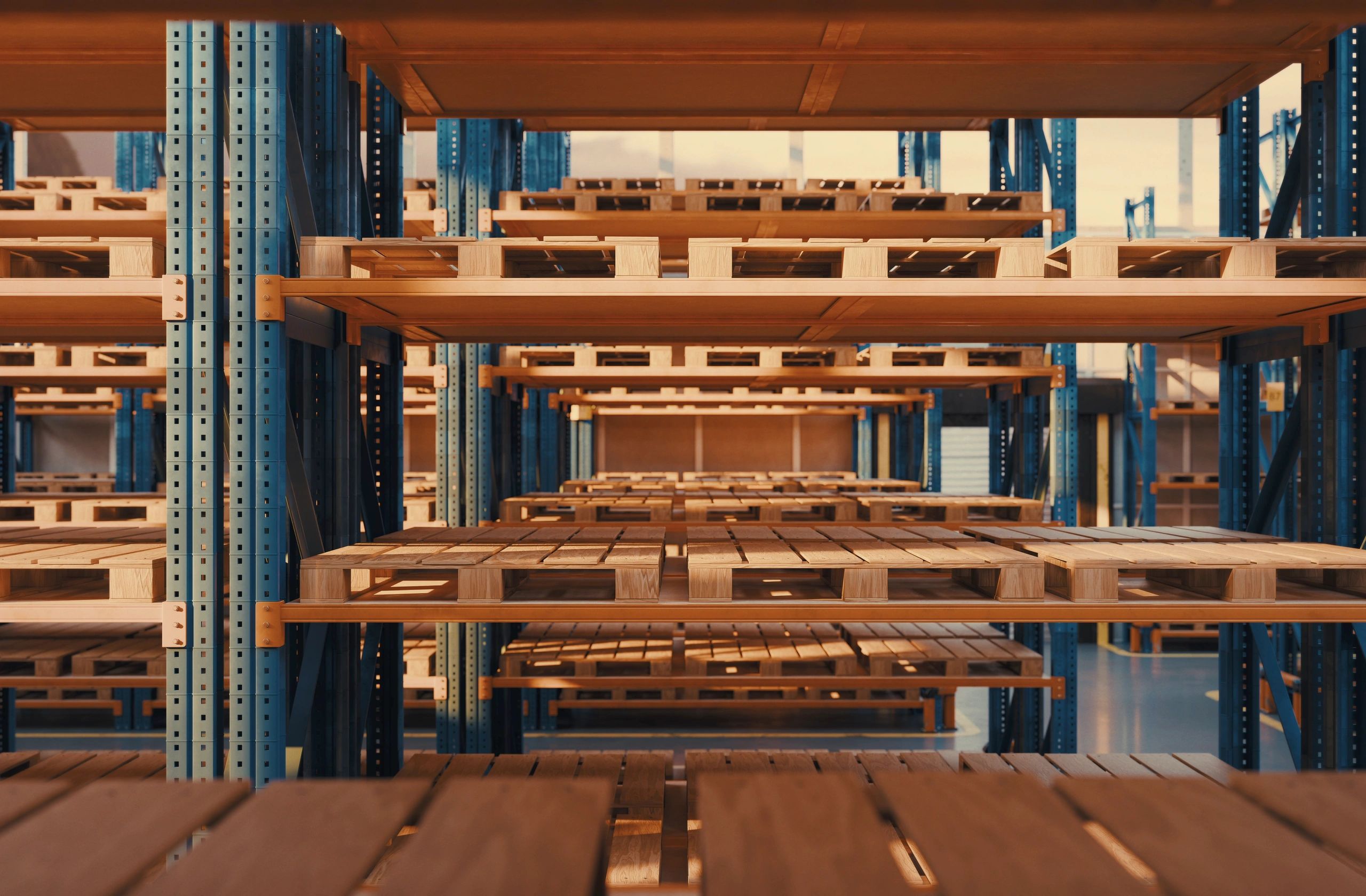 Wooden pallets stored in an industrial warehouse